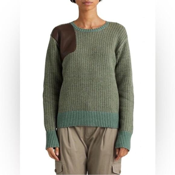 Ralph Lauren Black Label Green Wool Sweater with Brown Faux Leather Accents 1X - Picture 2 of 10